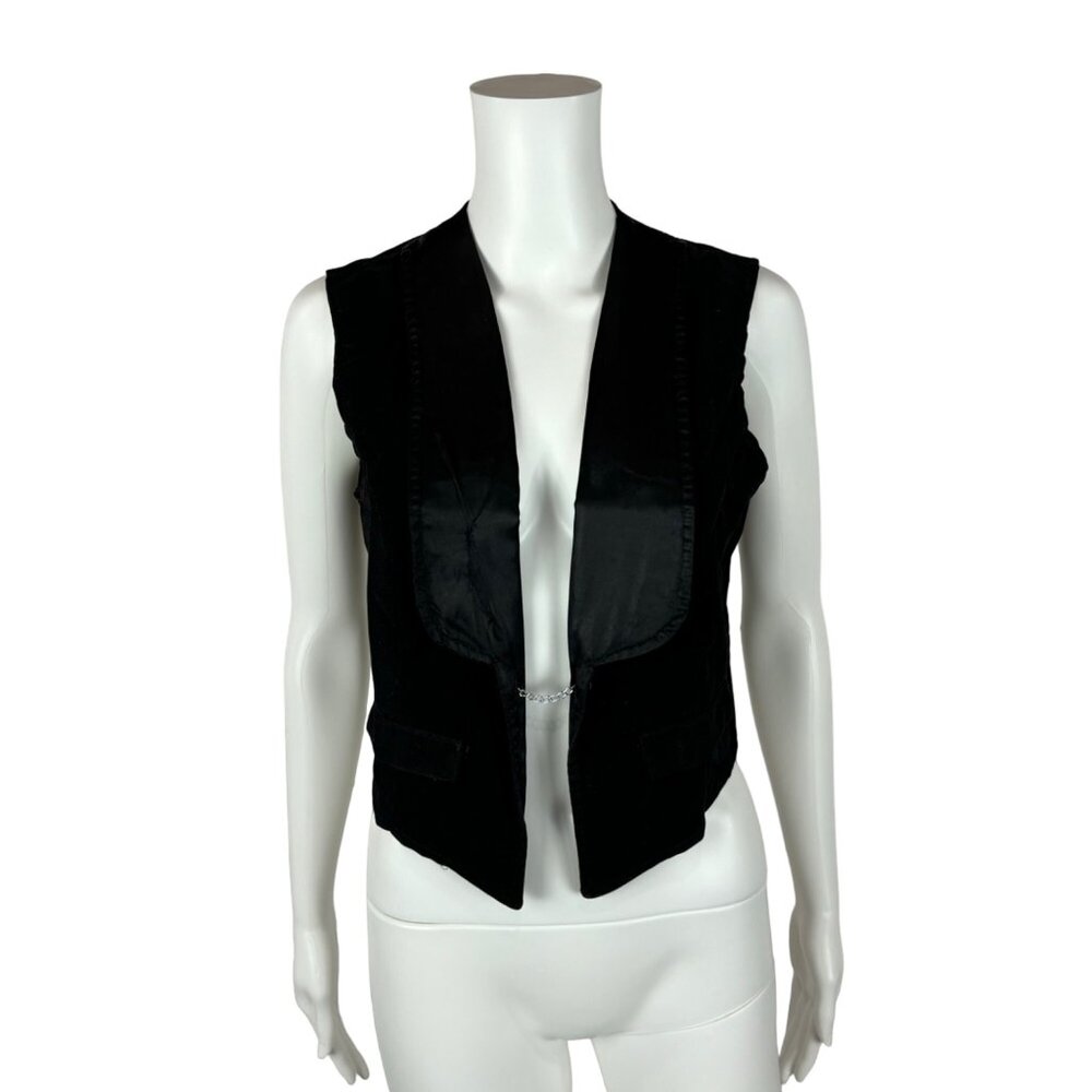 Vintage 60s Black Vest Women's Small Velour Rhinestone Chain Tuxedo